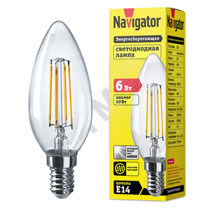 61356 NLL-F-C35-6-230-4K-E14 Filament Лампа светодиодная 6W E14 4000K свеча (уп.10/100шт.) Navigator 61356 - фото 313237