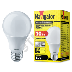 94388 NLL-A60-10-230-4K-E27 Лампа светодиодная 10W E27 4000K груша (уп.5/50шт.) Navigator 94388 - фото 313238