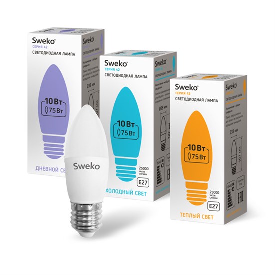 38757 42LED-С35-10W-230-4000K-E27 Серия 42 Лампа св/д свеча (уп.5/50шт.) Sweko 38757 - фото 604635