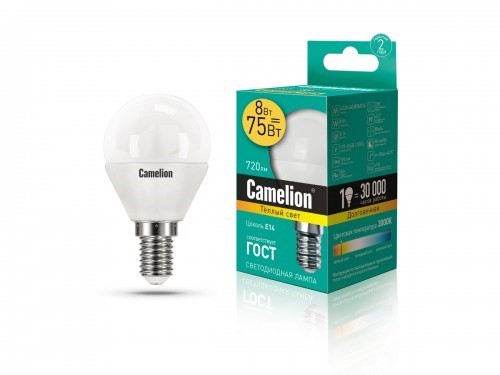LED8-G45/830/E14 P LED 8Вт E14 3000К 720Лм шарик 220В (замена 60Вт) Лампа светодиодная (уп.10/100шт.) Camelion (Китай) LED8-G45/830/E14 - фото 604707