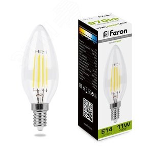 38008 Filament LB-713 B LED 11Вт E14 4000К 950Лм свеча 220В (замена 100Вт) Лампа светодиодная (уп.10/100шт.) FERON (Китай) 38008 - фото 606535