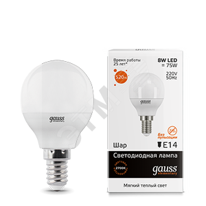 53118 Gauss Elementary LED LED 8W 230V Е14 теплый Лампа светодиодная "шар" (уп.10шт/50шт) 53118 - фото 606606