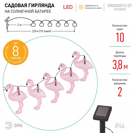 ERADG012-07 Садовая гирлянда 10 подсвечиваемых светодиодами фламинго. Б0038508 ЭРА ERADG012-07 - фото 607033