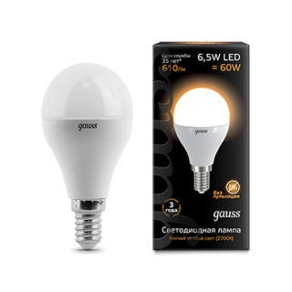 105101107 Gauss LED Globe E14 6.5W 2700K Лампа светодиодная "шар" (уп.10/50шт.) 105101107 - фото 607110
