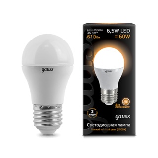 105102107 Gauss LED Globe E27 6.5W 2700K Лампа светодиодная "шар" (уп.10/50шт.) 105102107 - фото 607277