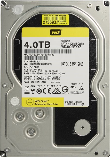 Western Digital HDD SATA-III 4000Gb GOLD, 7200rpm, 128MB buffer (WD4002FYYZ) WD4002FYYZ - фото 608424
