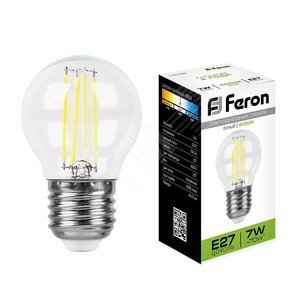 25877 LB-52 Filament P LED 7Вт E27 4000К 740Лм шарик 220В (замена 60Вт) Лампа светодиодная (уп.10/100шт.) FERON (Китай) 25877-1 - фото 609149