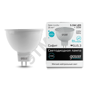13526 Gauss Elementary LED 5.5вт 230в GU5.3 белый Лампа светодиодная (уп.10шт/100шт) 13526 - фото 610907