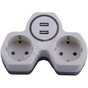 32872 ADP16-14-20 Cетевой разветвитель на 2 выхода с/з, 250V, 16A и двумя USB выходами на 2,4А, белый/серый Stekker (Китай) 32872 - фото 611677