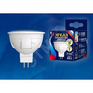 LED-JCDR-6W/WW/GU5.3/FR/DIM MR16 LED 6Вт GU5.3 3000К 500Лм спот 220В (замена 50Вт) Лампа светодиодная диммируемая (уп.100шт.) UNIEL (Россия) UL-00003991 - фото 611936