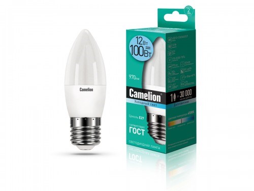 LED12-C35/845/E27 B LED 12Вт E27 4500К 1000Лм свеча 220В (замена 100Вт) Лампа светодиодная (уп.10/100шт.) Camelion (Китай) LED12-C35/845/E27 - фото 612494
