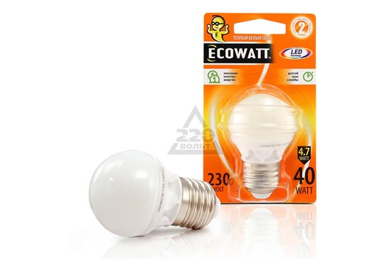 ECOWATT P45 230B 6.2(60)W 2700К Е27 теплый белый свет шарик  685463 - фото 613028