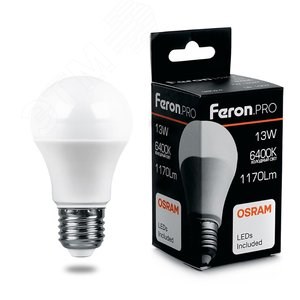 38034 LB-1013 PRO A LED 13Вт E27 6400К 720Лм груша 220В (замена 95Вт) Лампа светодиодная (уп.10/100шт.) FERON (Китай) 38034 - фото 613383