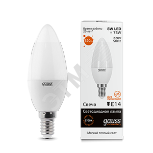 33118 Gauss Elementary LED 8вт 230в, Е14, теплый, свеча Лампа светодиодная (уп.10шт/100шт) 33118 - фото 614690