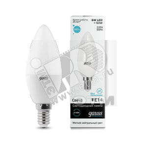 33126 Gauss Elementary LED LED 6W 230V Е14 белый Лампа светодиодная "свеча" (уп.10шт/50шт) 33126 - фото 616127
