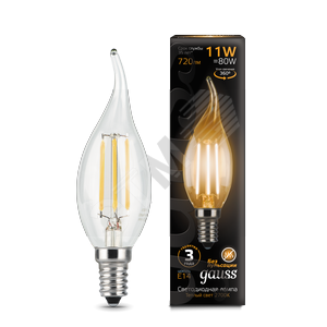 104801111 Filament Лампа светодиодная LED 11Вт E14 720lm 2700K свеча на ветру (уп.50шт.) Gauss 104801111 - фото 616397