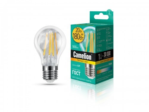 LED20-A60-FL/830/E27 Filament A LED 20Вт E27 3000К 1750Лм груша 220В (замена 150Вт) Лампа светодиодная (уп.10/100шт.) Camelion LED20-A60-FL/830/E27 - фото 618358