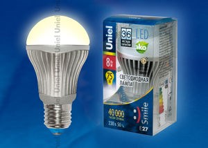 LED-A60-8W/WW/E27/FR ALS01SL пластик (уп.100шт.) UNIEL LED-A60-8W/WW/E27/FR - фото 618454