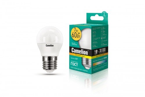 LED7-G45/830/E27 P LED 7Вт E27 3000К 580Лм шарик 220В (замена 60Вт) Лампа светодиодная (уп.10/100шт.) Camelion (Китай) LED7-G45/830/E27 - фото 618911