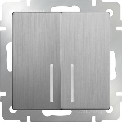 WL09-SW-2G-2W-LED Выключатель двухклавишный проходной с подсветкой, серебряный рифленый (уп.10шт.) WL09-SW-2G-2W-LED - фото 619546