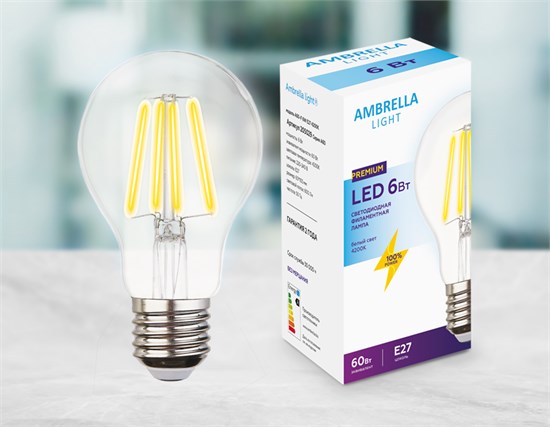 205029 Filament LED A60-F 6W (60W) E27 4200K Лампа светодиодная ЛОН (уп.100шт.) Ambrella Light 205029 - фото 619570