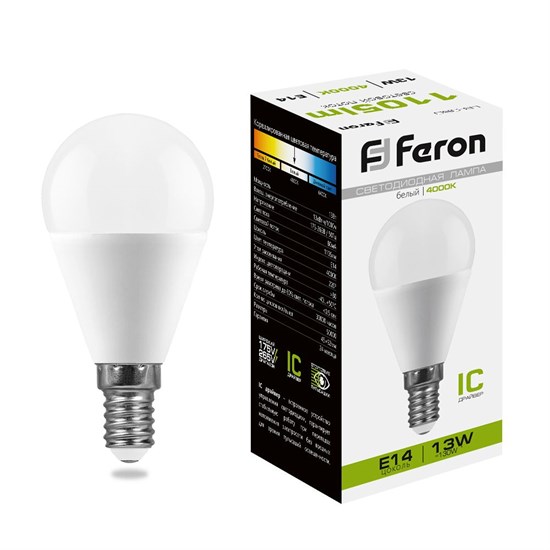 38102 LB-950 P LED 13Вт E14 4000К 1105Лм шарик 220В (замена 100Вт) Лампа светодиодная (уп.10/100шт.) FERON (Китай) 38102 - фото 620234