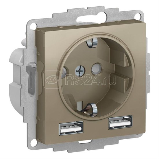 ATN000530 Atlasdesign Механизм розетки 1 гнездо с заземлением с 2 USB A+A, 5В/2,4А, 2х5В/1,2А, шампань Schneider Electric ATN000530 - фото 620266