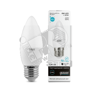 33226 Gauss Elementary LED LED 6W 230V Е27 белый Лампа светодиодная "свеча" (уп.10шт/50шт) 33226 - фото 620789