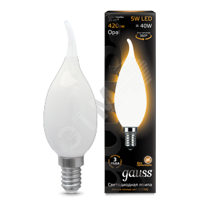 104201105 Gauss LED Filament Candle Tailed OPAL E14 5W 2700К Лампа светодиодная "свеча на ветру" (уп.10шт.) 104201105 - фото 620969