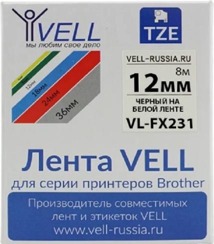 320003 VL-FX231 Brother TZE-FX231, 12 мм, черный на белом, для PT 1010/1280/D200/H105/E100/D600/E300/2700/P700/E550 Лента Vell 320003 - фото 621031