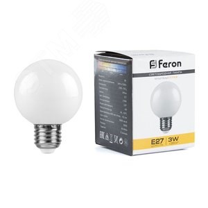 25903 LB-371 P LED 3Вт E27 2700К 160Лм G60 шарик 220В (замена 25Вт) Лампа светодиодная (уп.10/100шт.) FERON (Китай) 25903 - фото 621095