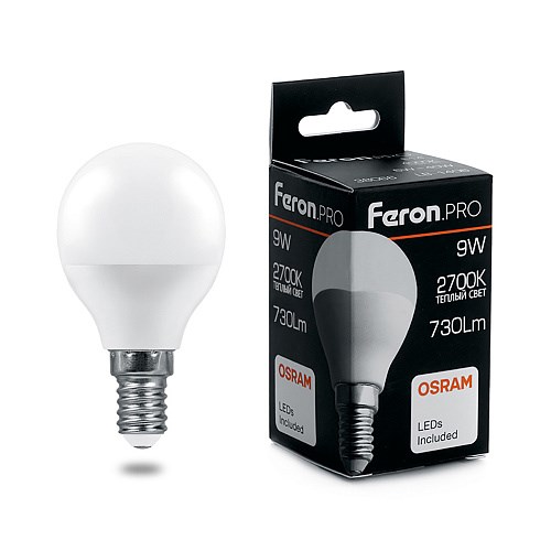 38077 LB-1409, G45 (шар), 9W 230V E14 2700К (белый теплый) Лампа светодиодная FERON 38077 - фото 622966