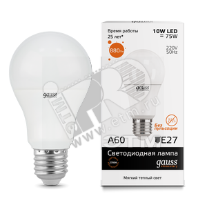 23210 Gauss Elementary LED LED 10W 230V Е27 теплый Лампа светодиодная "груша" (уп.10шт/50шт) 23210 - фото 623133