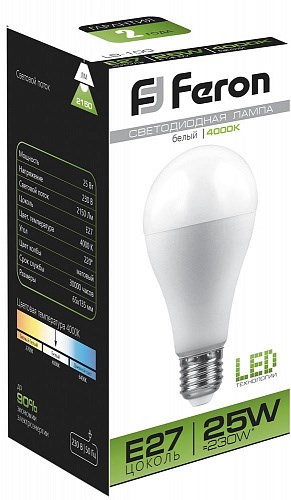 25791 LB-100 A LED 25Вт E27 4000К 2150Лм груша 220В (замена 200Вт) Лампа светодиодная (уп.10/100шт.) FERON (Китай) 25791 - фото 623626