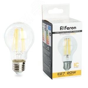 38245 Filament LB-620 A LED 20Вт E27 2700К 1750Лм груша 220В (замена 150Вт) Лампа светодиодная (уп.10/100шт.) FERON (Китай) 38245 - фото 623655