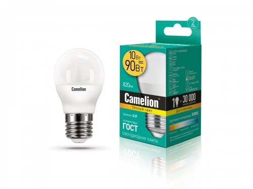 LED10-G45/830/E27 Светодиодная лампа 10Вт 220В (уп.10/100шт.) Camelion LED10-G45/830/E27 - фото 626785