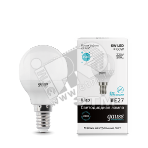 53126 Gauss Elementary LED LED 6W 230V Е14 белый Лампа светодиодная "шар" (уп.10шт/50шт) 53126 - фото 626921