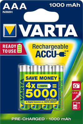 05703.301.404/05703.301.414 Аккумулятор Ready2Use R03 1000mAh Ni-MH AAA BL4, блистер 4шт. (уп.40/200шт.) Varta 05703.301.404 - фото 627579
