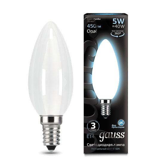 103201205 Gauss LED Filament Candle OPAL E14 5W 4100К Лампа светодиодная "свеча" (уп.10шт.) 103201205 - фото 628034