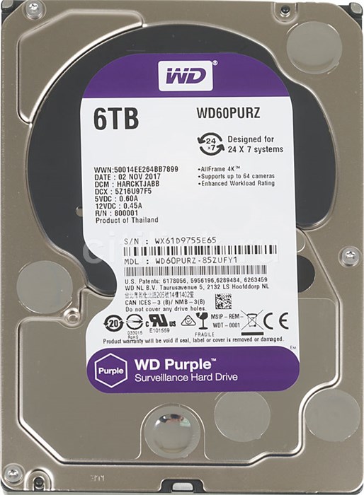 Western Digital HDD SATA-III DV 6000Gb WD Purple™  3,5" IntelliPower 64MB buffer (WD60PURZ) WD60PURZ - фото 628093