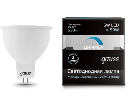 101505205-D Gauss LED MR16 GU5.3-dim 5W 4100K Лампа светодиодная диммируемая (уп.10шт.) 101505205-D - фото 628118