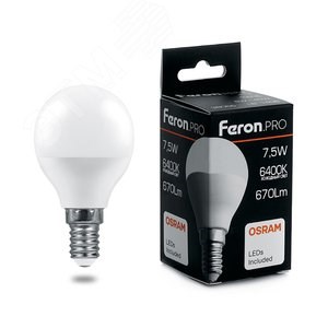 38073 PRO LB-1407 P LED 7,5Вт E14 6400К 670Лм шарик 220В (замена 60Вт) Лампа светодиодная (уп.10/100шт.) FERON (Китай) 38073 - фото 629684