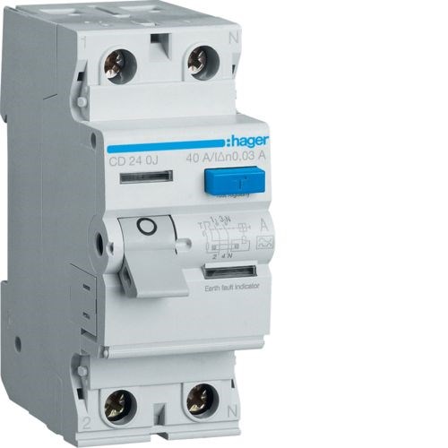 CD240J Устройство защитного отключения 2P In=40А, I∆n=30мА, Тип А, ширина 2М HAGER (Германия) CD240J - фото 630101
