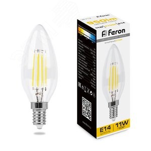 38006 Filament LB-713 B LED 11Вт E14 2700К 950Лм свеча 220В (замена 100Вт) Лампа светодиодная (уп.10/100шт.) FERON (Китай) 38006-1 - фото 630232