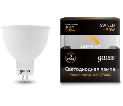 101505105-D Gauss LED MR16 GU5.3-dim 5W 2700K Лампа светодиодная диммируемая (уп.10шт.) 101505105-D - фото 630590