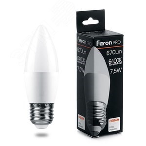 38058 LB-1307 PRO B LED 7,5Вт E27 6400К 670Лм свеча 220В (замена 60Вт) Лампа светодиодная (уп.10/100шт.) FERON (Китай) 38058 - фото 632227