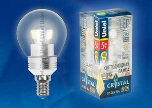 LED-G45P-5W/WW/E14/CL Лампа светодиодная, "шар", прозрачная, теплый белый свет (уп.10шт.) UNIEL LED-G45P-5W/WW/E14/CL - фото 632695