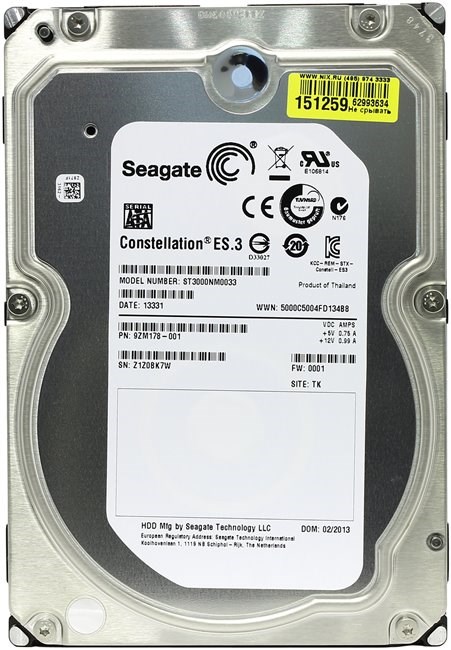 HDD Sata-III Seagate Constellation ES.3 3300Gb 128Mb 3.5" (ST3000NM0033) ST3000NM0033 - фото 632859
