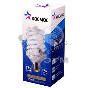 LKsmSPC35wE2727 SPC T3 35Вт 2700K E27 Лампа энергосберегающая КЛЛ спираль (уп.5/10шт.) КОСМОС LKsmSPC35wE2727 - фото 632920