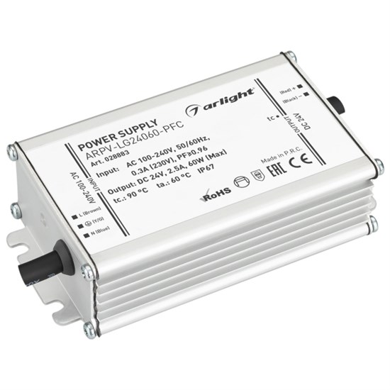 028883 ARPV-LG24060-PFC (24V, 2.5A, 60W) (ARL, IP67 Металл, 5 лет) Блок питания Arlight (Россия) 028883 - фото 633481